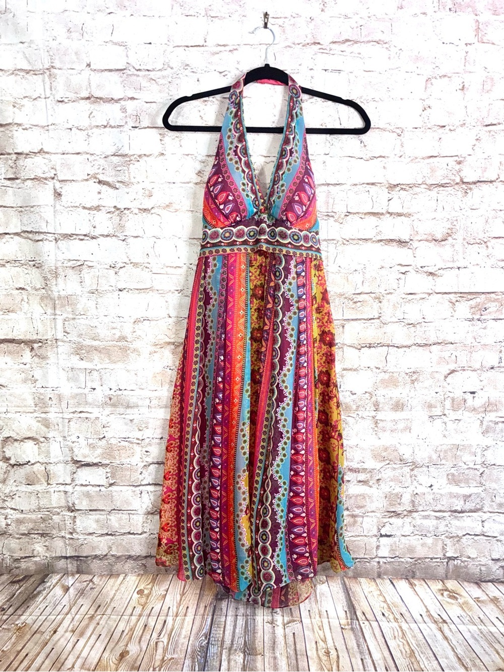 Vintage Y2K Morrell Maxie Silk Bohemian Halter Maxi Dress Size 6